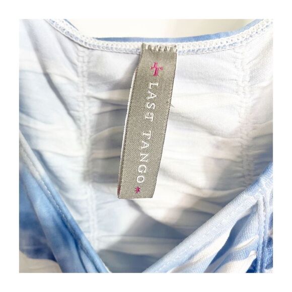 Last Tango Tank Top Double Scoop Top White Blue Ruched Pullover Womens Medium - Picture 7 of 7